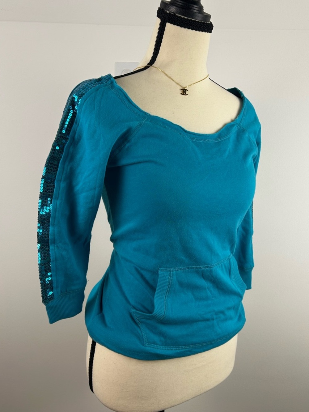 Energie Blue Sequin-Sleeve Scoop-Neck Pullover